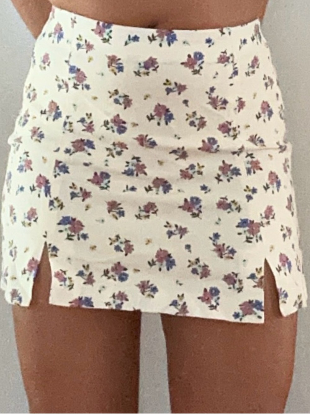 Zara - Floral Mini Skirt in Cream with Pink & Blue Flowers